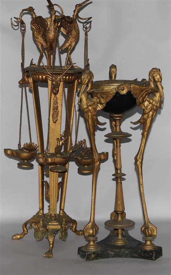 After the antique. A gilt bronze three arm lamp, together with a gilt bronze censer supported by herons, height 63cm (2)